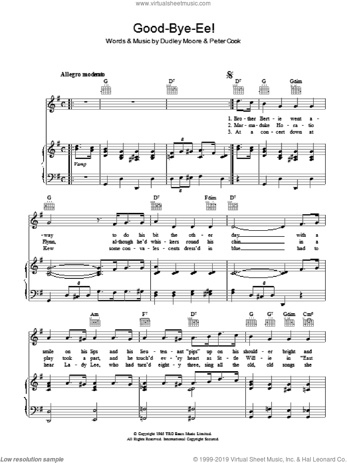 Goodbye-ee sheet music for voice, piano or guitar by Dudley Moore and Peter Cooke, intermediate skill level