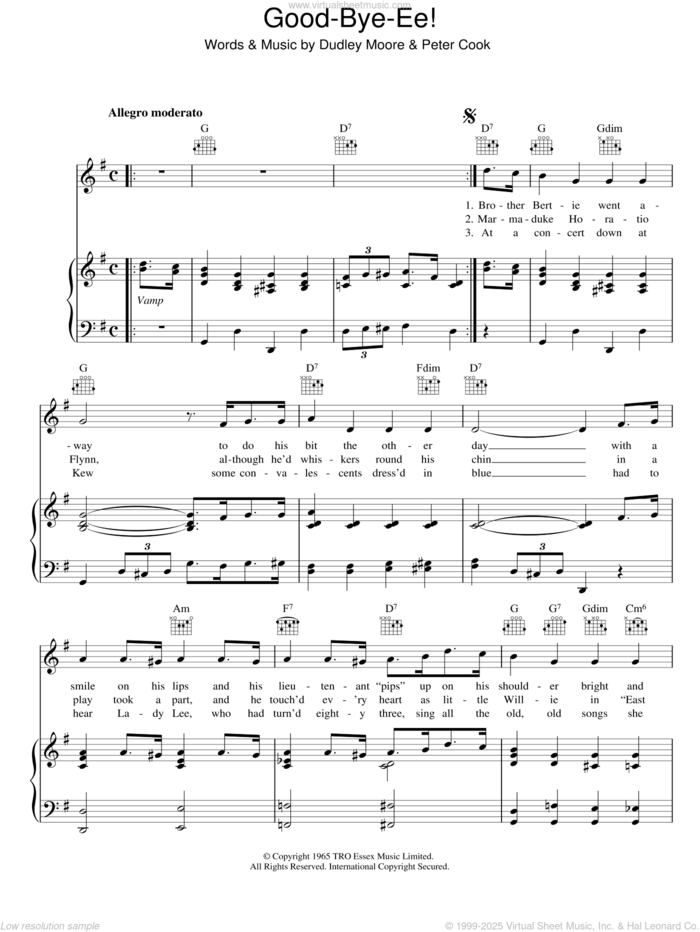 Goodbye-ee sheet music for voice, piano or guitar by Dudley Moore and Peter Cooke, intermediate skill level