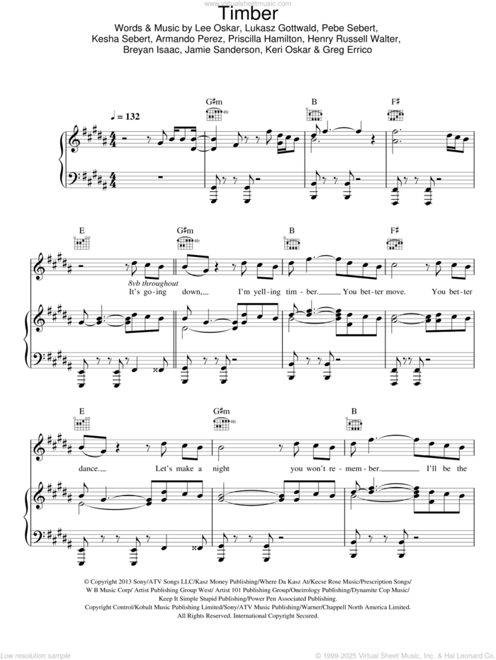 Timber sheet music for voice, piano or guitar by Pitbull feat. Kesha, Armando Perez, Breyan Isaac, Greg Errico, Henry Russell Walter, Jamie Sanderson, Keri Oskar, Kesha Sebert, Lee Oskar, Lukasz Gottwald, Pebe Sebert and Priscilla Hamilton, intermediate skill level