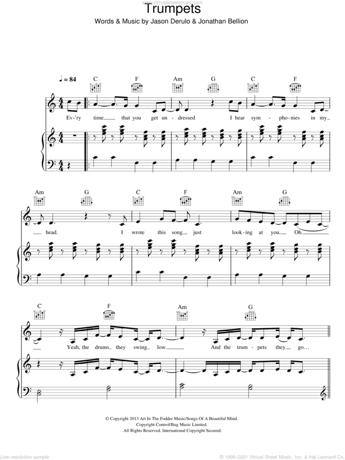 Trumpets sheet music for voice, piano or guitar by Jason Derulo and Jonathan Bellion, intermediate skill level