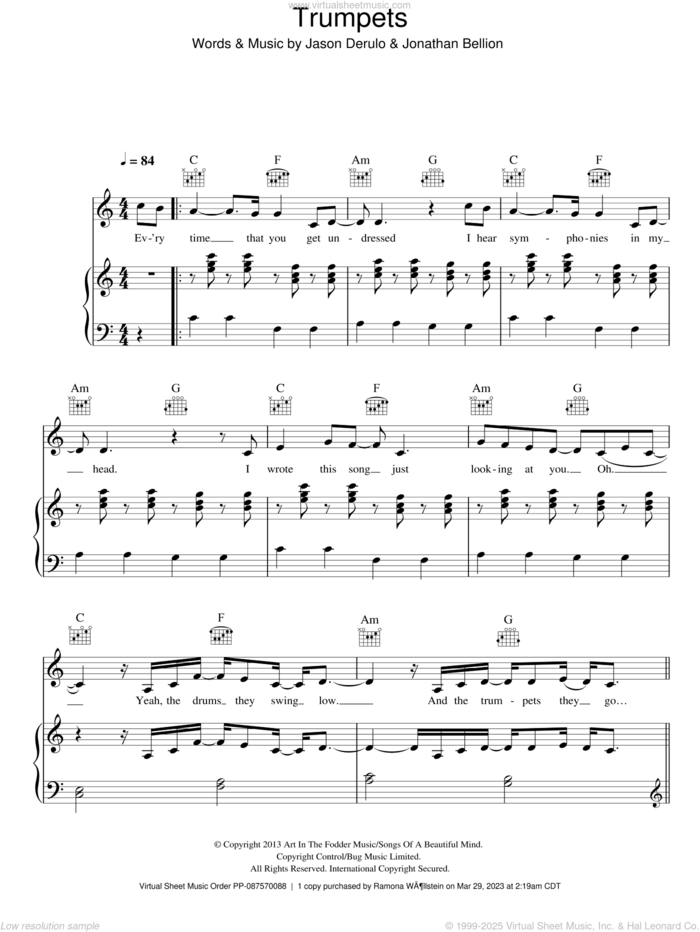 Trumpets sheet music for voice, piano or guitar by Jason Derulo and Jonathan Bellion, intermediate skill level