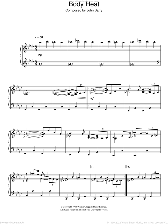 Body Heat (from Body Heat) sheet music for piano solo by John Barry, intermediate skill level