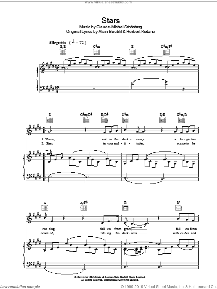 Stars sheet music for voice, piano or guitar by Alain Boublil, Claude-Michel Schonberg and Herbert Kretzmer, intermediate skill level