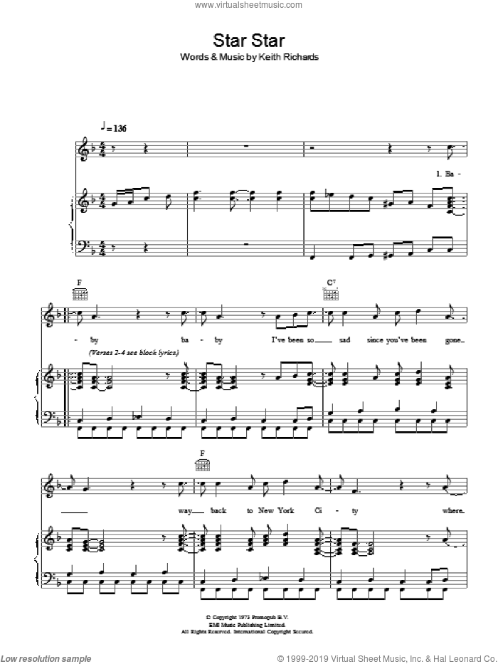 Star Star sheet music for voice, piano or guitar by The Rolling Stones and Keith Richards, intermediate skill level