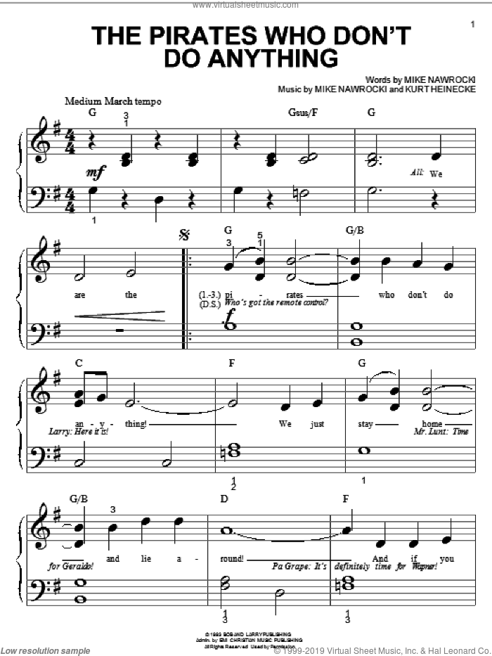 The Pirates Who Don't Do Anything sheet music for piano solo (big note book) by VeggieTales, Kurt Heinecke and Mike Nawrocki, easy piano (big note book)