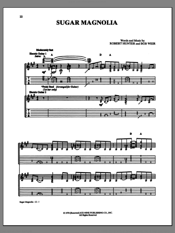 Sugar Magnolia sheet music for guitar (tablature) by Grateful Dead, Jerry Garcia and Robert Hunter, intermediate skill level