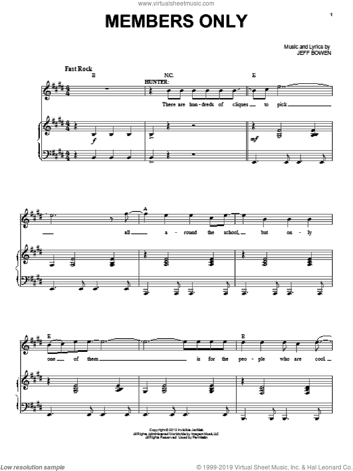 Members Only sheet music for voice and piano by Jeff Bowen, intermediate skill level