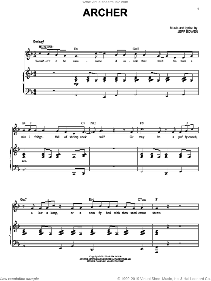 Archer sheet music for voice and piano by Jeff Bowen, intermediate skill level