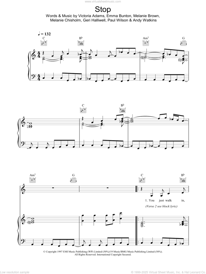 Stop sheet music for voice, piano or guitar by The Spice Girls, Andy Watkins, Emma Bunton, Geri Halliwell, Melanie Brown, Melanie Chisholm, Paul Wilson and Victoria Adams, intermediate skill level