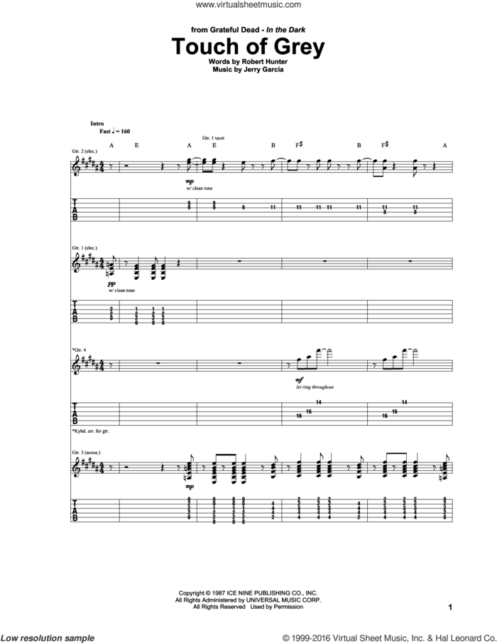 Touch Of Grey sheet music for guitar (tablature) by Grateful Dead, Jerry Garcia and Robert Hunter, intermediate skill level