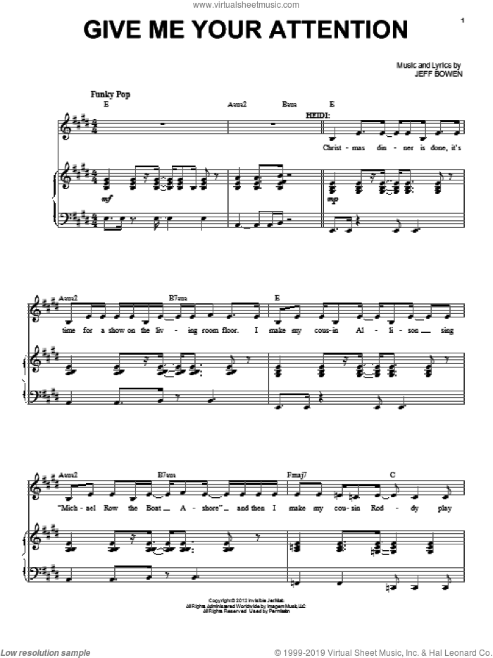 Give Me Your Attention sheet music for voice and piano by Jeff Bowen, intermediate skill level