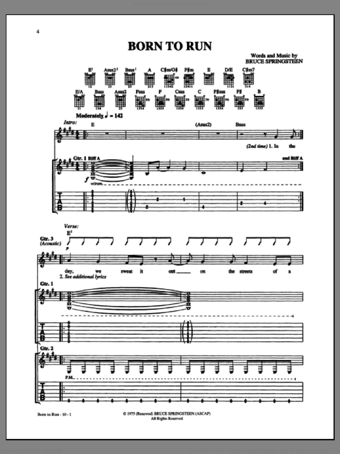 Born To Run sheet music for guitar (tablature) by Bruce Springsteen, intermediate skill level