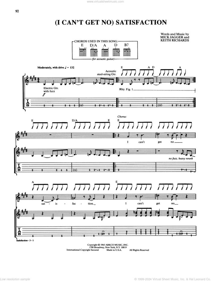 (I Can't Get No) Satisfaction sheet music for guitar (tablature) by The Rolling Stones, Keith Richards and Mick Jagger, intermediate skill level