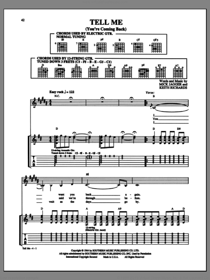Tell Me (You're Coming Back) sheet music for guitar (tablature) by The Rolling Stones, Keith Richards and Mick Jagger, intermediate skill level