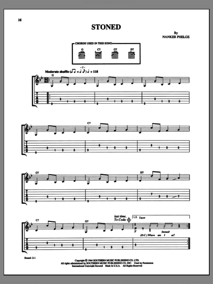 Stoned sheet music for guitar (tablature) by The Rolling Stones, Brian Jones, Charlie Watts, Ian Stewart, Keith Richards, Mick Jagger and William Perks, intermediate skill level