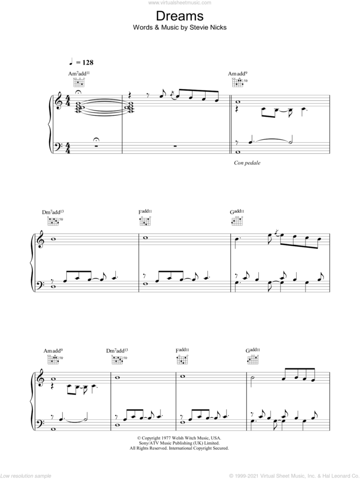 Dreams sheet music for voice, piano or guitar by Fleetwood Mac, The Corrs and Stevie Nicks, intermediate skill level