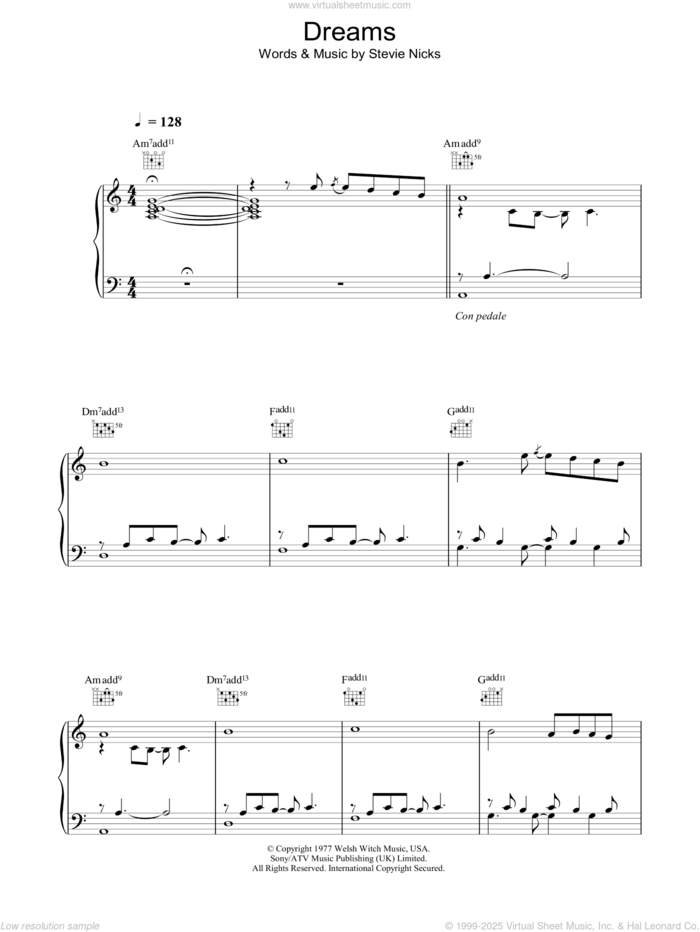 Dreams sheet music for voice, piano or guitar by Fleetwood Mac, The Corrs and Stevie Nicks, intermediate skill level