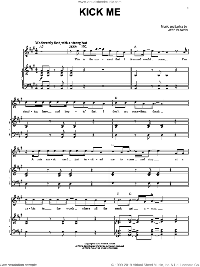 Kick Me sheet music for voice and piano by Jeff Bowen, intermediate skill level