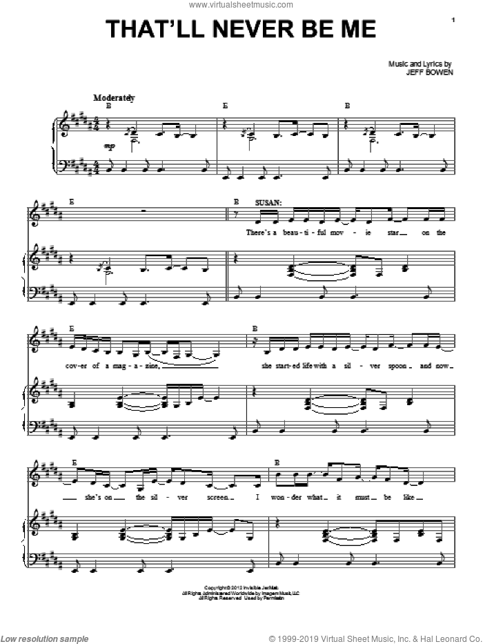 That'll Never Be Me (Duet) sheet music for voice and piano by Jeff Bowen, intermediate skill level