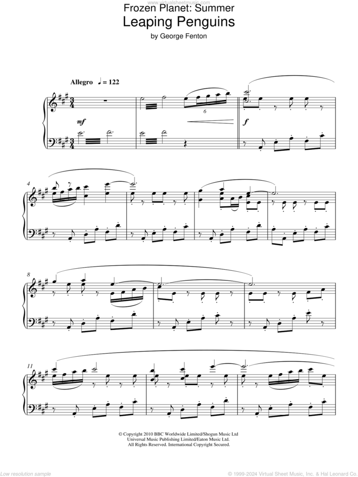 Frozen Planet, Leaping Penguins sheet music for piano solo by George Fenton, intermediate skill level