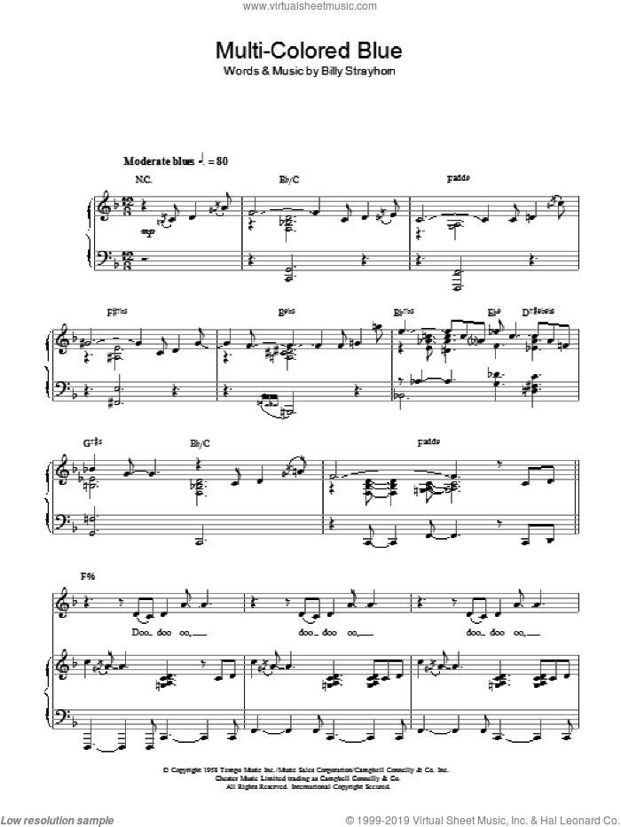 Multi-Colored Blue sheet music for voice, piano or guitar by Billy Strayhorn, intermediate skill level
