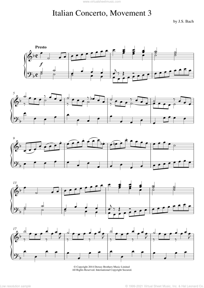 Italian Concerto (3rd Movement) sheet music for piano solo by Johann Sebastian Bach, classical score, intermediate skill level