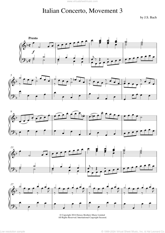 Italian Concerto (3rd Movement) sheet music for piano solo by Johann Sebastian Bach, classical score, intermediate skill level