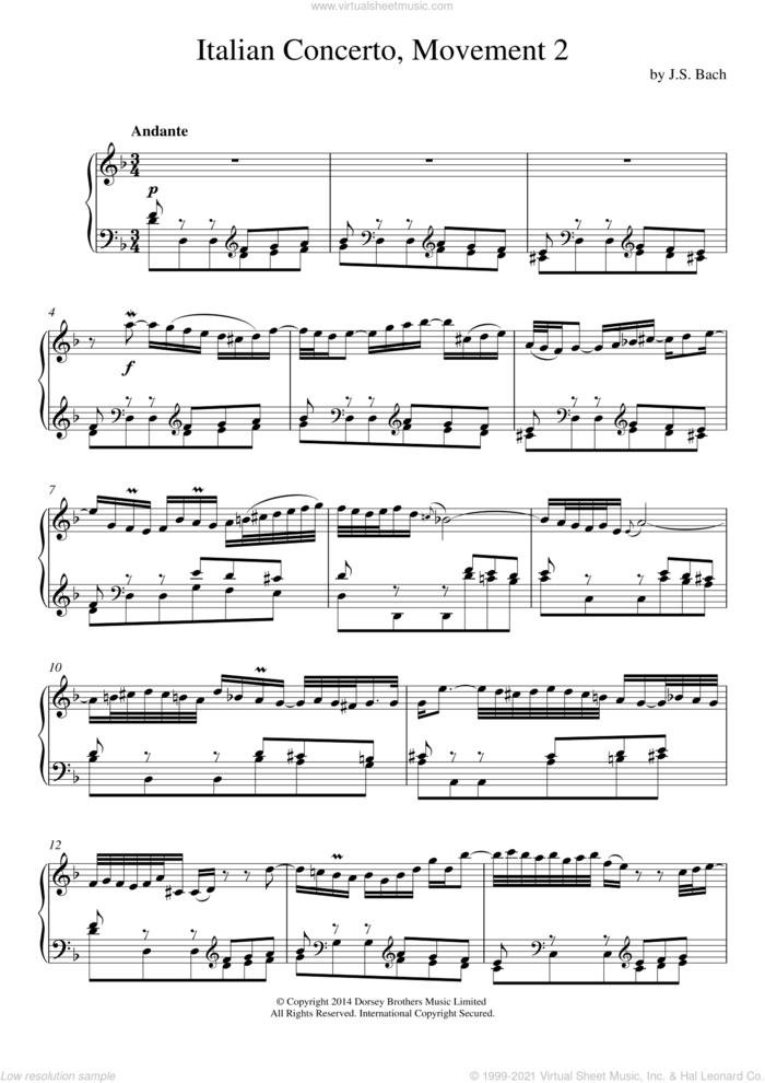 Italian Concerto (2nd Movement: Andante) sheet music for piano solo by Johann Sebastian Bach, classical score, intermediate skill level