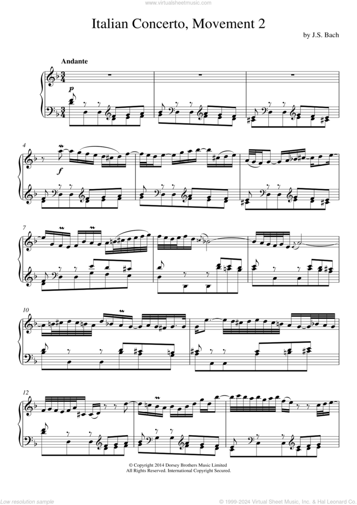 Italian Concerto (2nd Movement: Andante) sheet music for piano solo by Johann Sebastian Bach, classical score, intermediate skill level