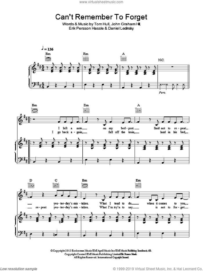 Can't Remember To Forget You sheet music for voice, piano or guitar by Shakira feat. Rihanna, Daniel Ledinsky, Erik Persson Hassle, John Graham Hill and Tom Hull, intermediate skill level
