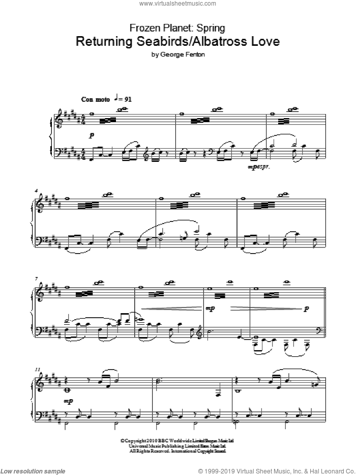 Frozen Planet, Returning Seabirds/Albatross Love sheet music for piano solo by George Fenton, intermediate skill level