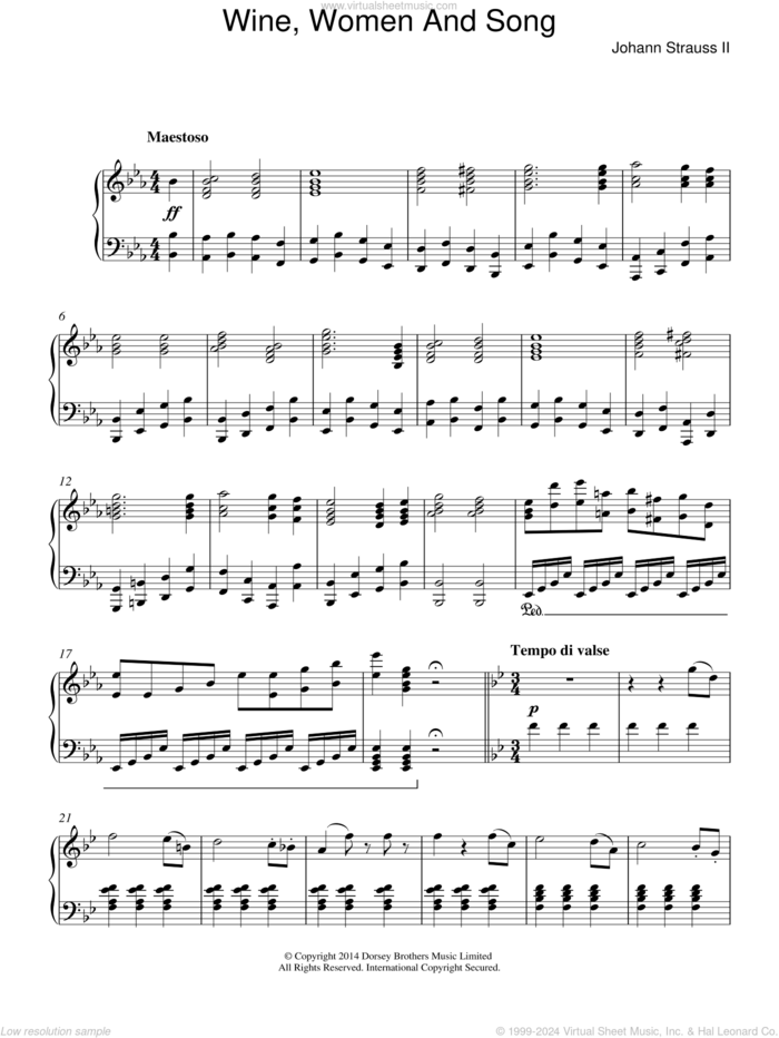 Wine, Women And Song sheet music for piano solo by Johann Strauss, Jr., classical score, intermediate skill level