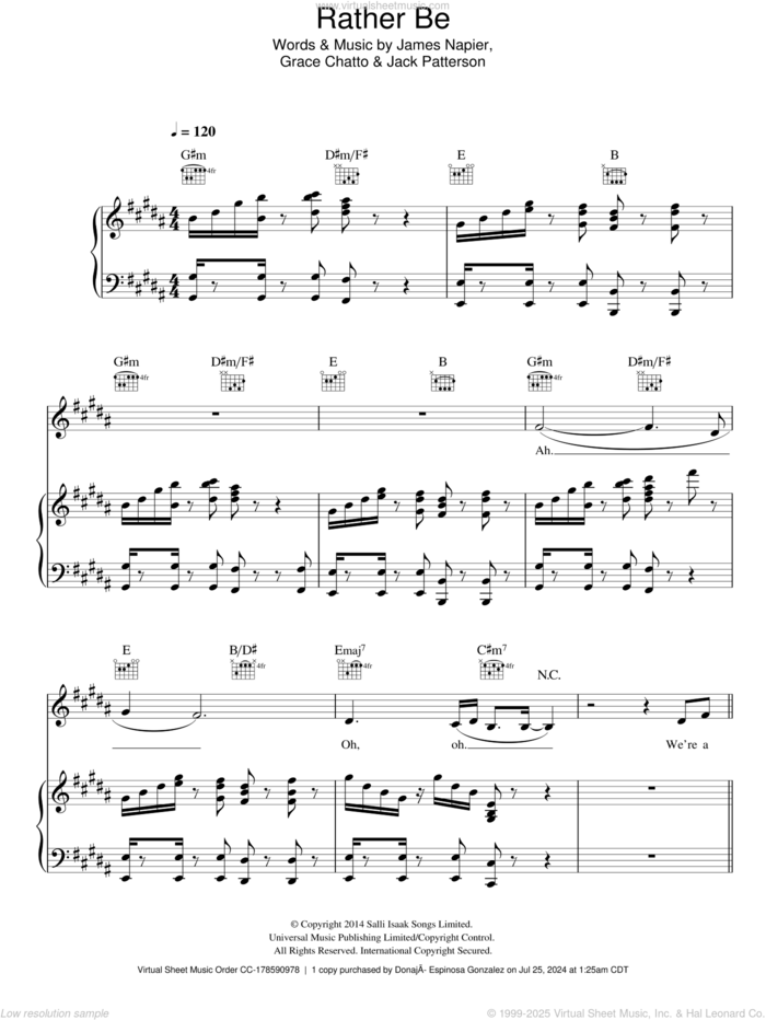 Rather Be sheet music for voice, piano or guitar by Clean Bandit, Derek Jones, Grace Chatto, Jack Patterson and James Napier, intermediate skill level