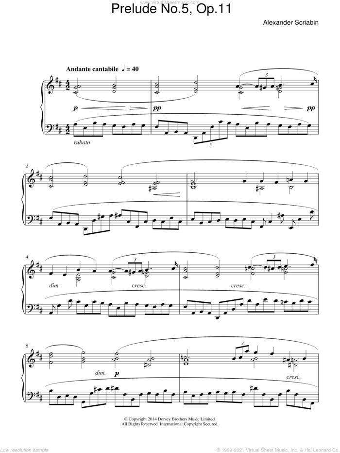Prelude No. 5, Op. 11 sheet music for piano solo by Alexander Scriabin, classical score, intermediate skill level