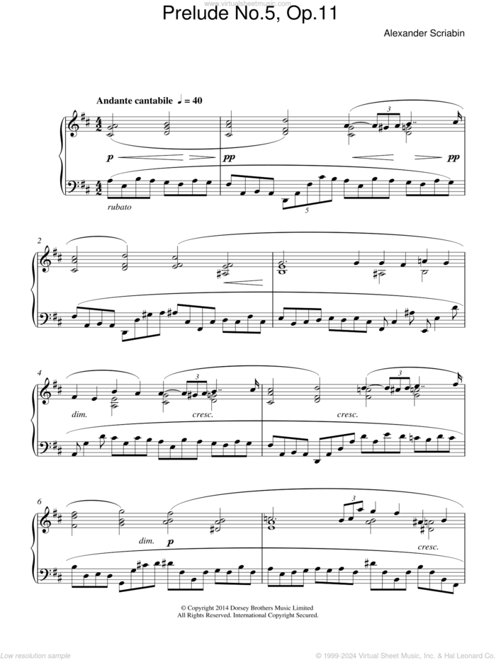 Prelude No. 5, Op. 11 sheet music for piano solo by Alexander Scriabin, classical score, intermediate skill level