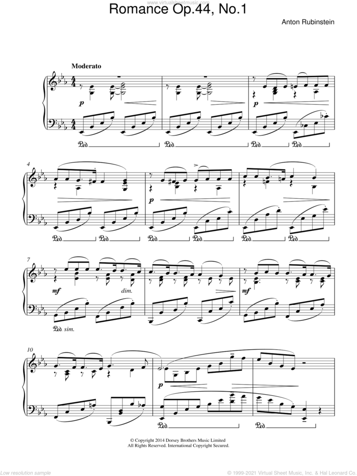 Romance, Op.44 No. 1 sheet music for piano solo by Anton Rubinstein, classical score, intermediate skill level