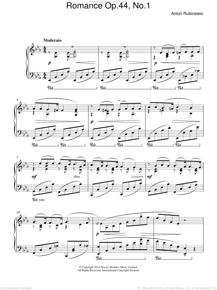 Romance, Op.44 No. 1 sheet music for piano solo by Anton Rubinstein, classical score, intermediate skill level