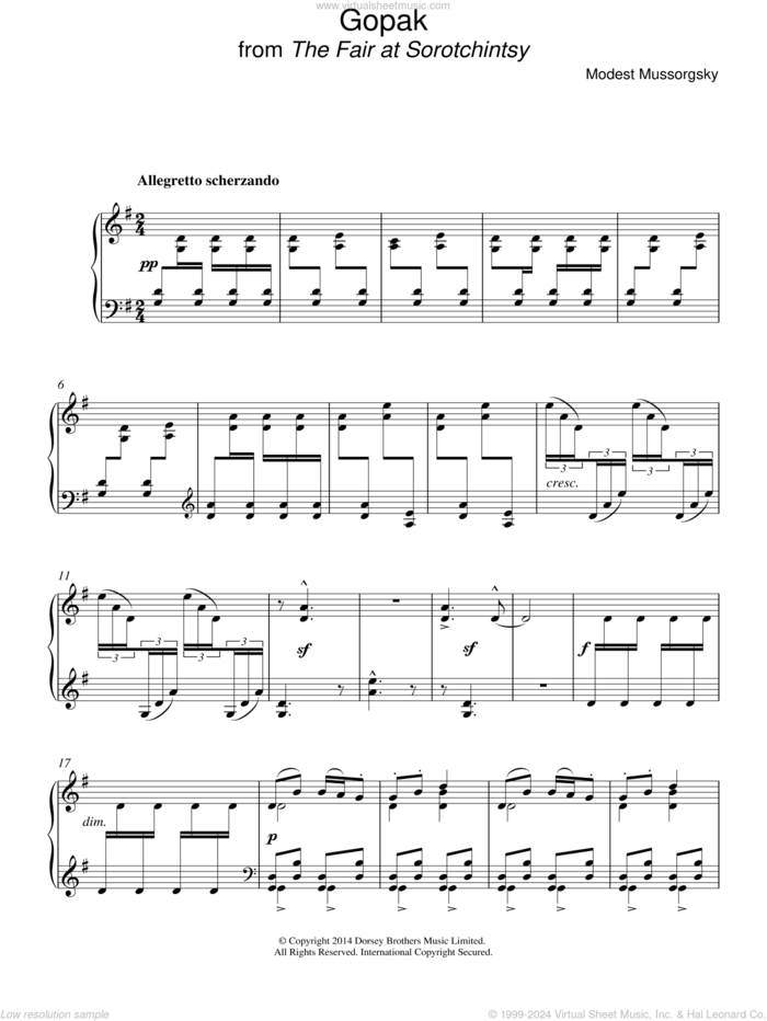 Gopak (from Sorotchinsky Fair) sheet music for piano solo by Modest Petrovic Mussorgsky, classical score, intermediate skill level