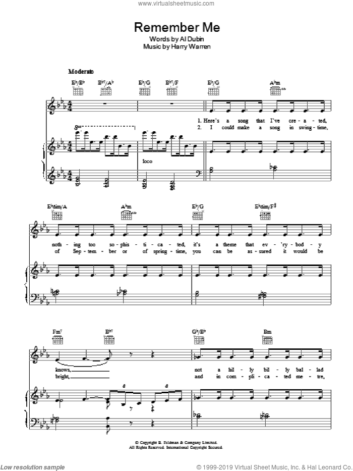 Remember Me sheet music for voice, piano or guitar by Harry Warren and Al Dubin, intermediate skill level