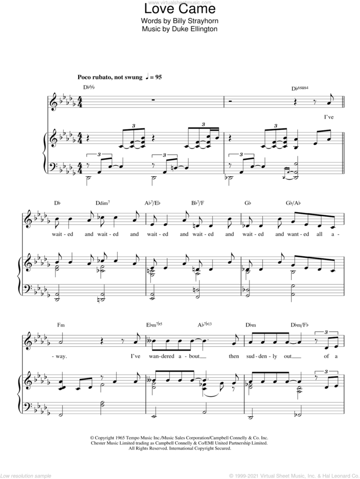 Love Came sheet music for voice, piano or guitar by Billy Strayhorn and Duke Ellington, intermediate skill level