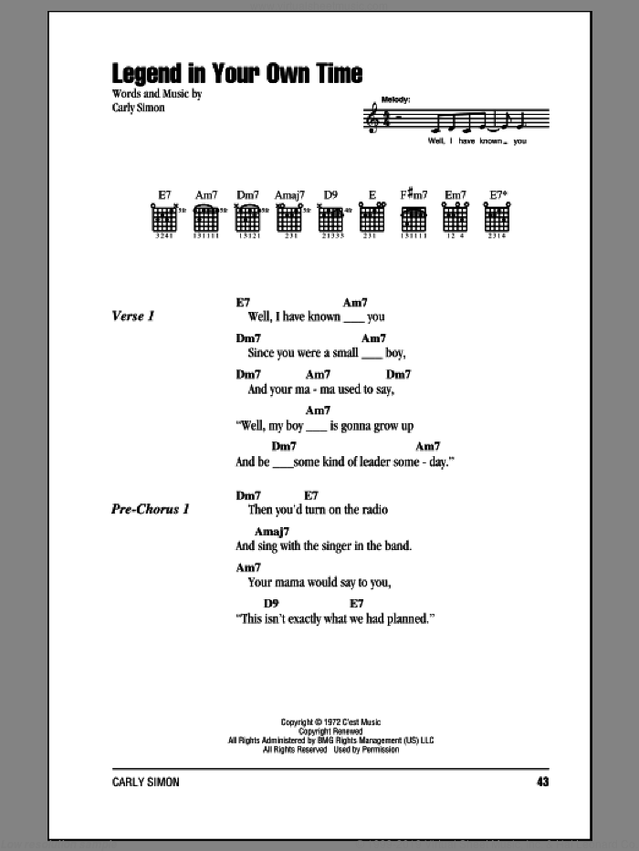 Legend In Your Own Time sheet music for guitar (chords) by Carly Simon, intermediate skill level