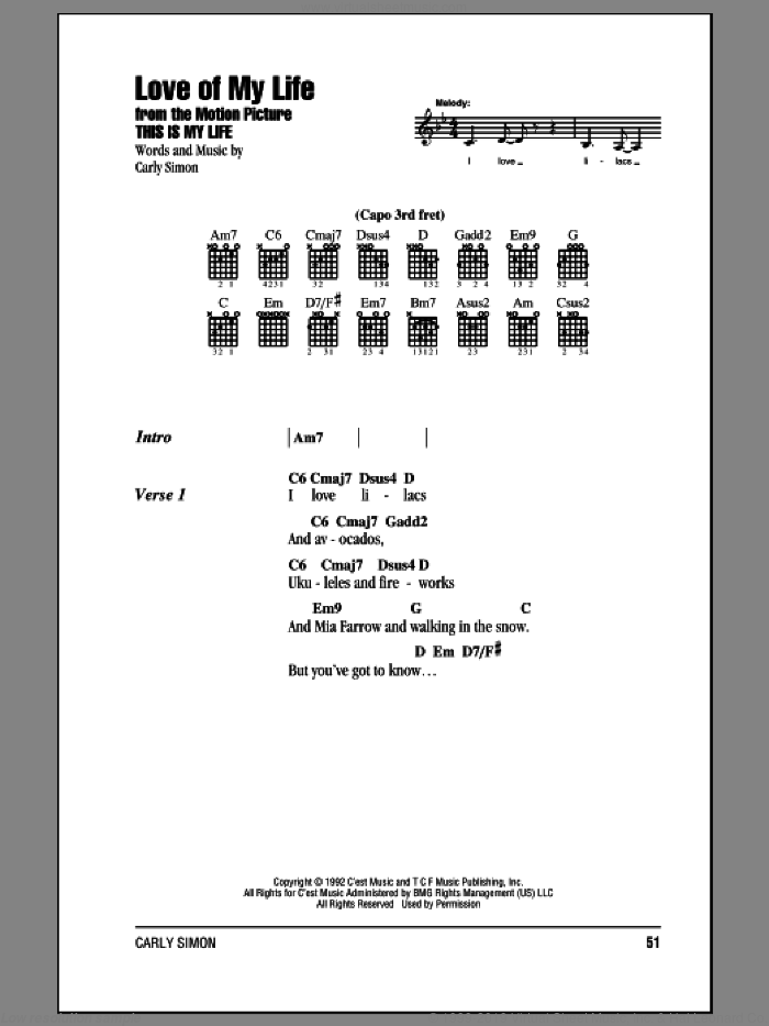 Love Of My Life sheet music for guitar (chords) by Carly Simon, intermediate skill level