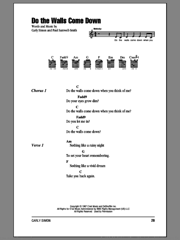 Do The Walls Come Down sheet music for guitar (chords) by Carly Simon and Paul Samwell-Smith, intermediate skill level