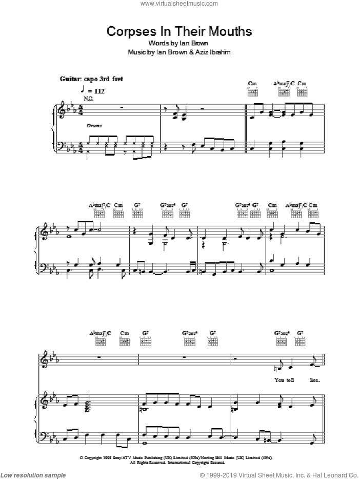 Corpses In Their Mouths sheet music for voice, piano or guitar by Ian Brown and Aziz Ibrahim, intermediate skill level