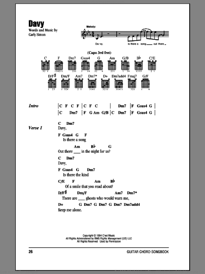 Davy sheet music for guitar (chords) by Carly Simon, intermediate skill level