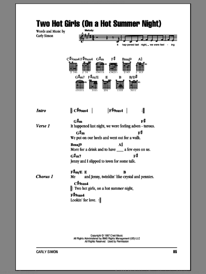 Two Hot Girls (On A Hot Summer Night) sheet music for guitar (chords) by Carly Simon, intermediate skill level