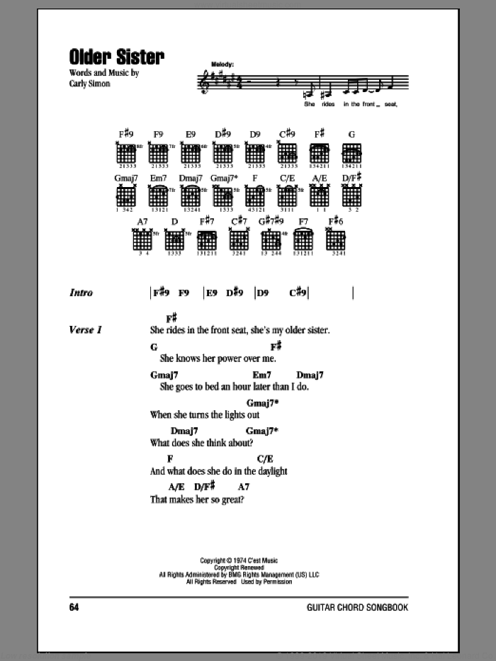 Older Sister sheet music for guitar (chords) by Carly Simon, intermediate skill level