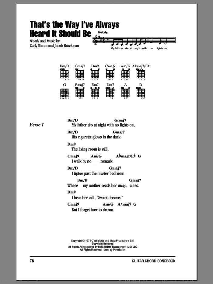 That's The Way I've Always Heard It Should Be sheet music for guitar (chords) by Carly Simon and Jacob Brackman, intermediate skill level