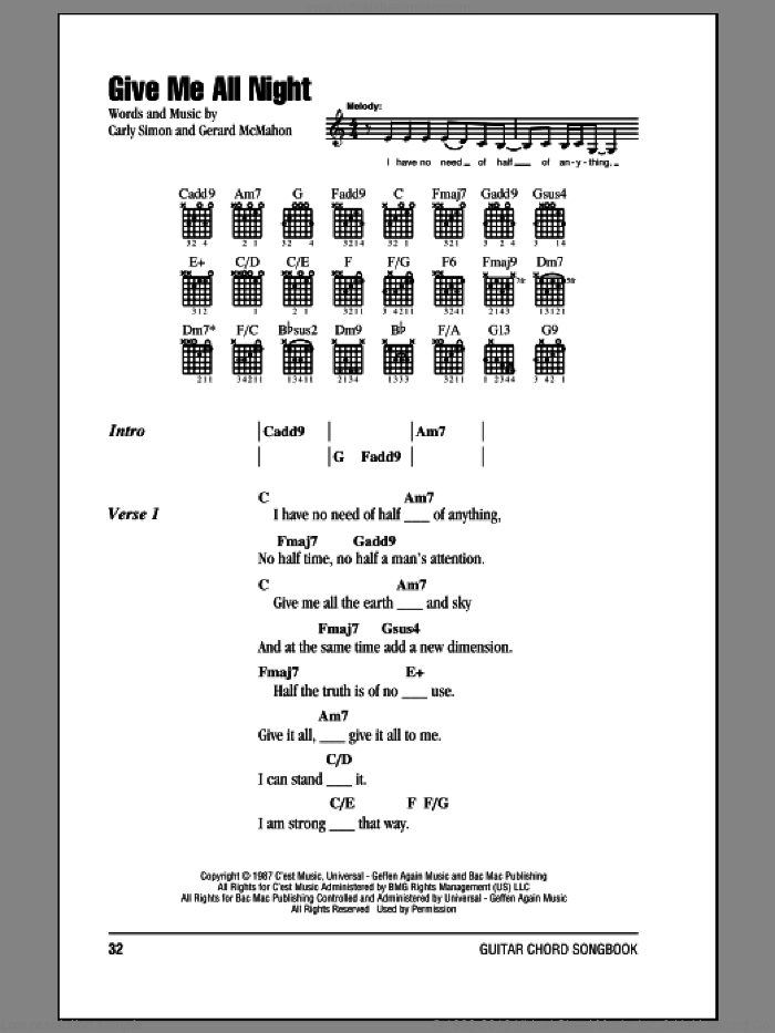 Give Me All Night sheet music for guitar (chords) by Carly Simon and Gerard McMahon, intermediate skill level