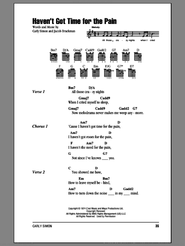 Haven't Got Time For The Pain sheet music for guitar (chords) by Carly Simon and Jacob Brackman, intermediate skill level